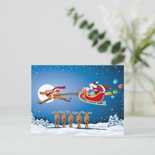 郵便はがきのクリスマスのサンタのそりのトナカイ シーズンポストカード (スタンド正面)