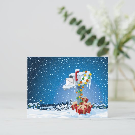 郵便はがきのクリスマスのポストのギフト用の箱の雪 シーズンポストカード (スタンド正面)