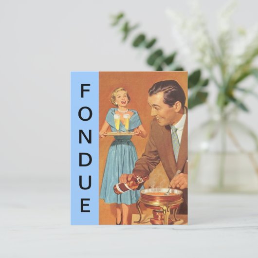 郵便はがきのレトロのおもしろいのフォンデュのパーティーのヴィンテージのカップル ポストカード (スタンド正面)