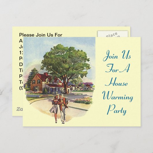 郵便はがきのレトロのカップルの家の暖まるパーティーの招待! インビテーションポストカード (正面/裏面)