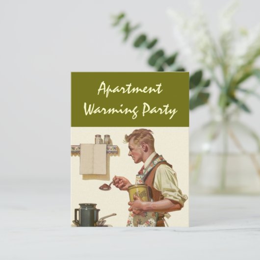 郵便はがきのレトロの人の醸造物のコーヒー引っ越し祝いパーティーのパーティー インビテーションポストカード (スタンド正面)