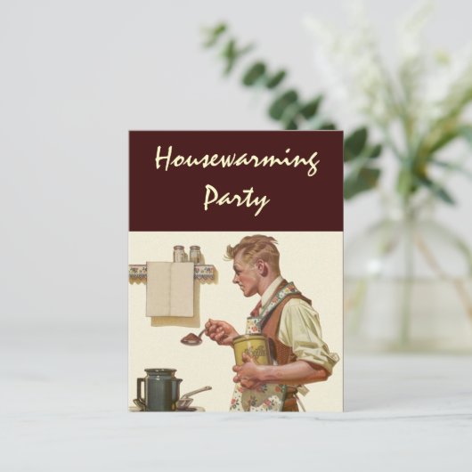 郵便はがきのレトロの人はコーヒー引っ越し祝いパーティーのパーティーを作ります インビテーションポストカード (スタンド正面)