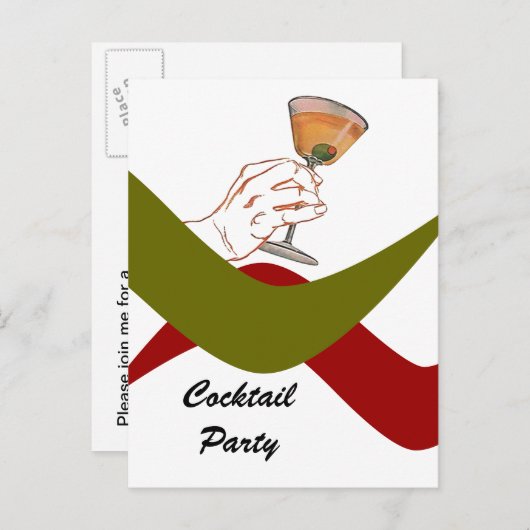 郵便はがきのレトロの引っ越し祝いパーティーのカクテルパーティーマルティーニ インビテーションポストカード (正面/裏面)