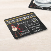 郵便はがきの黒板のヴィンテージのクリスマスの雪だるま-赤 スクエアペーパーコースター (アングル)