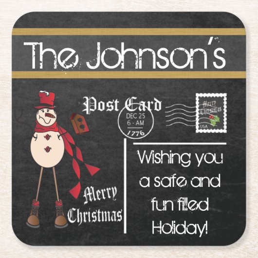 郵便はがきの黒板のヴィンテージのクリスマスの雪だるま-赤 スクエアペーパーコースター (正面)
