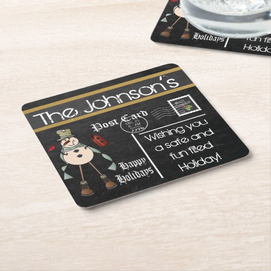 郵便はがきの黒板のヴィンテージの雪だるま-青 スクエアペーパーコースター (アングル)