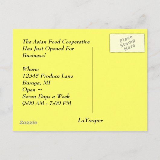 郵便はがきの~のアジア農産物の食料品店開いたビジネス 案内ポストカード (裏面)