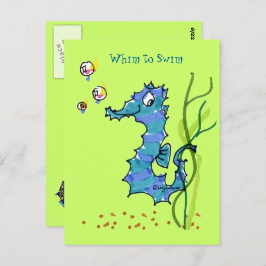 郵便はがきを泳ぐ漫画のタツノオトシゴのかわいい気まぐれ ポストカード (正面/裏面)