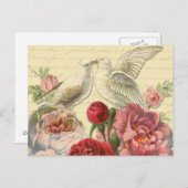 郵便はがき: バラを持つヴィンテージの鳩 ポストカード (正面/裏面)