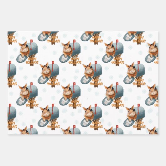 郵便ポストの中のハッピーホリデーズバニー ラッピングペーパーシート (正面3)