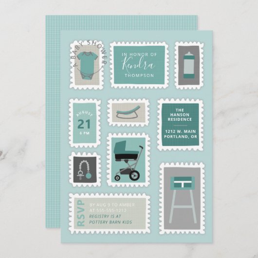 郵便切手とベビー物シャワー招待状 招待状 (正面/裏面)