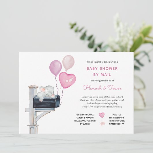 郵便受けに入れたベビーガールゾウ郵便でシャワー 招待状 (スタンド正面)