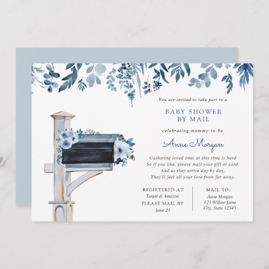 郵便受けの赤ちゃんシャワー青い花 招待状 (正面/裏面)