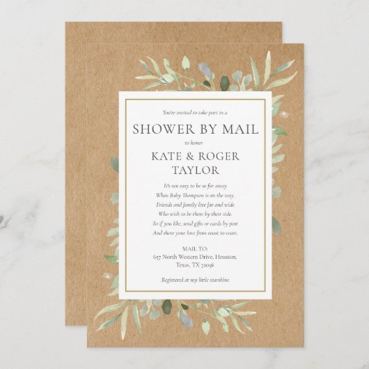 郵便素朴で男女兼用行う緑のシャワー 招待状 (正面/裏面)