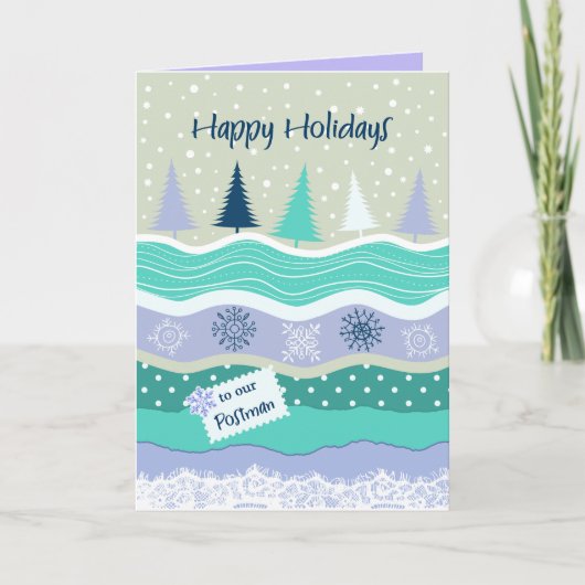 郵便配達員のためのクリスマスツリーと雪の結晶カード カード (正面)