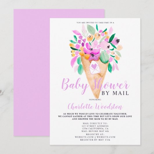 郵送で楽しむフラワーのアイスクリームウォーターカラーのベビーシャワー 招待状 (正面/裏面)