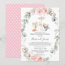 郵送で楽しむ、ウッドランドのブラッシュピンクの花と緑のベイビーシャワー 招待状