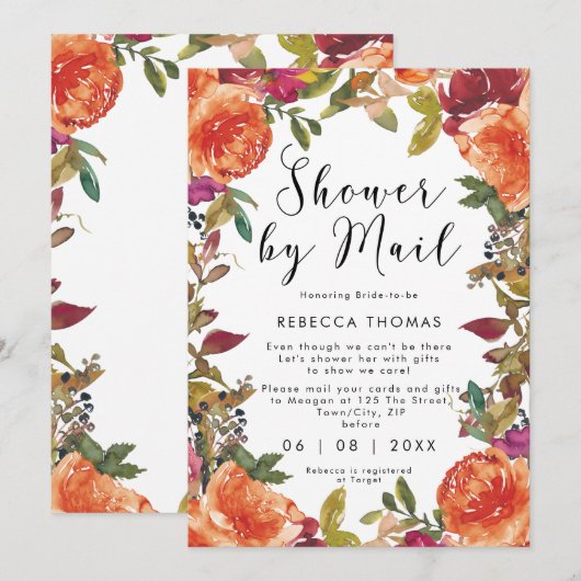 郵送で開催する秋の花をテーマにした仮想のブライズシャワー 招待状 (正面/裏面)