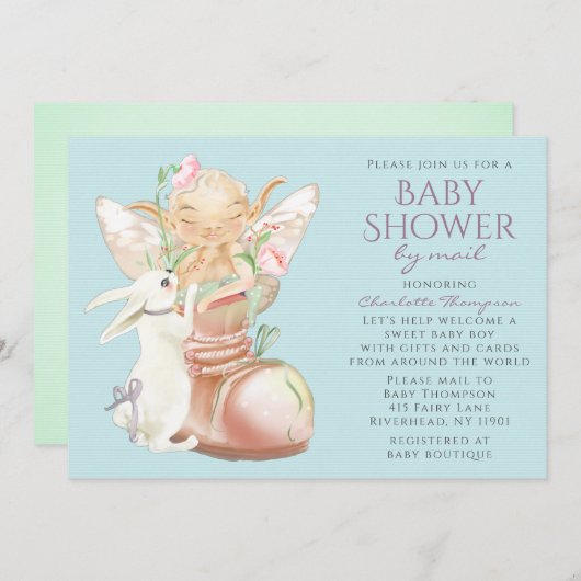 郵送ベビーシャワー 水彩の少年フェアリー ウサギ 招待状 (正面/裏面)