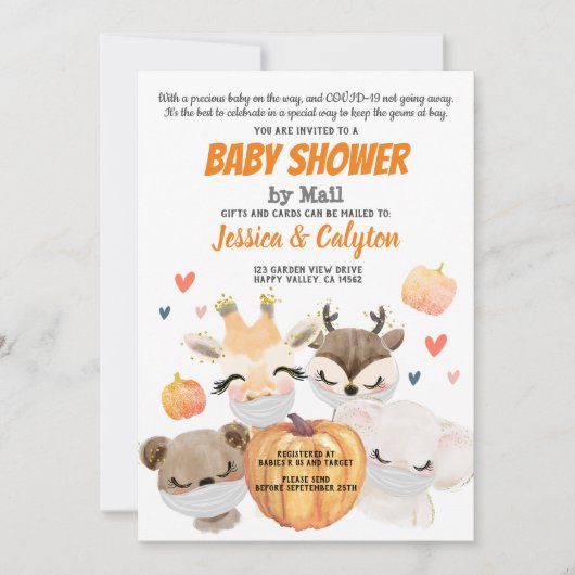 郵送森林動物によるカボチャのベビーシャワー 招待状 (正面)