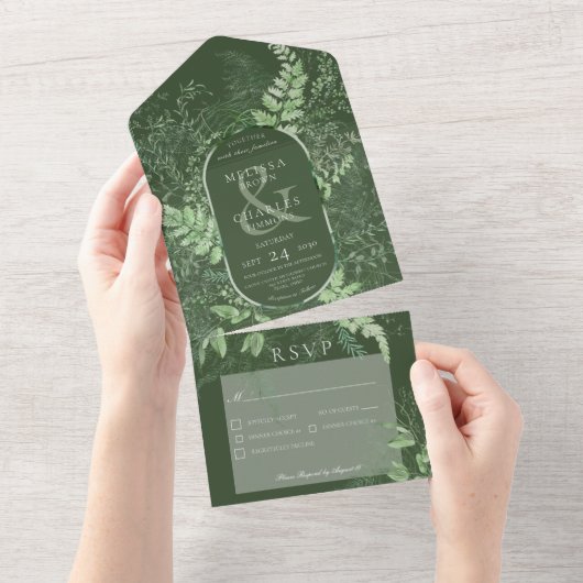 郷土色豊かな緑の葉のエメラルドのディナー オールインワン招待状 (貼ってはがせる)