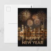 都会に花火を打ち上げる「新年おめでとう」 ポストカード (正面/裏面)