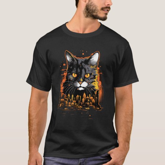 都会の創造性の引きストローク猫の描画デザイン Tシャツ (正面)