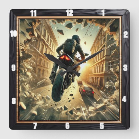都会の夕日に壁を突破するバイク乗り スクエア壁時計 (正面)