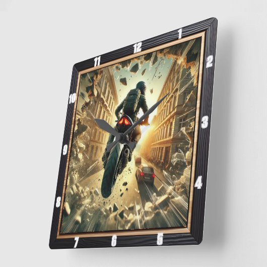 都会の夕日に壁を突破するバイク乗り スクエア壁時計 (傾斜)