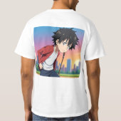 都会の夕陽の中で野球をするアニメ少年 Tシャツ (裏面)