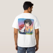 都会の夕陽の中で野球をするアニメ少年 Tシャツ (裏面フル)