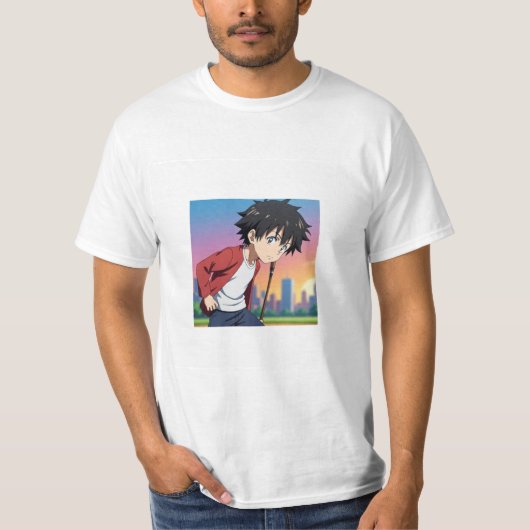 都会の夕陽の中で野球をするアニメ少年 Tシャツ (正面)