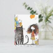 都会の少女と巨大な黒猫 ポストカード (スタンド正面)