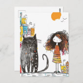 都会の少女と巨大な黒猫 ポストカード (正面/裏面)