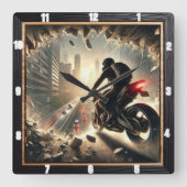 都会の瓦礫を乗り越えて劇的なバイクで脱出 スクエア壁時計 (正面)