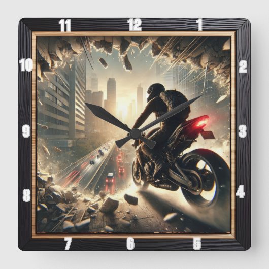 都会の瓦礫を乗り越えて劇的なバイクで脱出 スクエア壁時計 (正面)