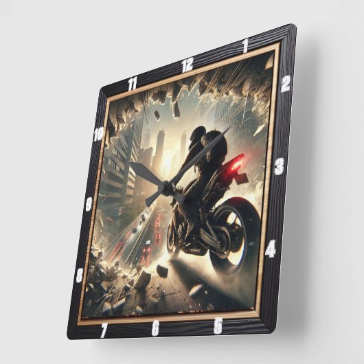都会の瓦礫を乗り越えて劇的なバイクで脱出 スクエア壁時計 (傾斜)