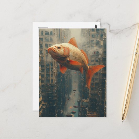 都会の空に浮かぶ超現実的な大魚 ポストカード (正面/裏面インサイチュ)