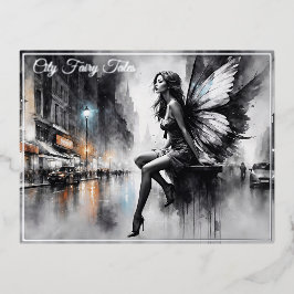 都会の闇の妖精ファンタジー未来的なゴシックの街 箔シーズンポストカード