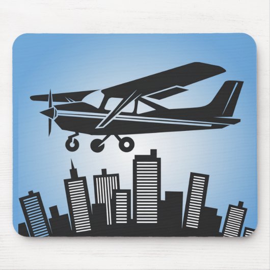 都会上空を飛行するカッコいいセスナ機、航空 マウスパッド (正面)