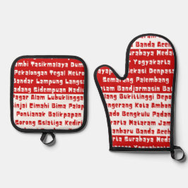 都市とインドネシア国旗の色 鍋つかみ&鍋敷きセット