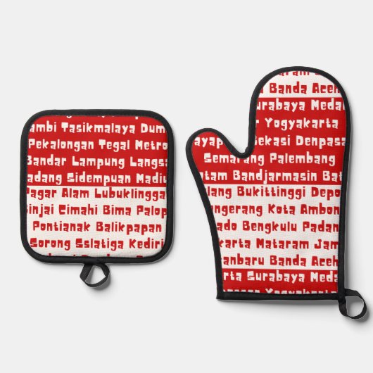 都市とインドネシア国旗の色 鍋つかみ&鍋敷きセット (正面)