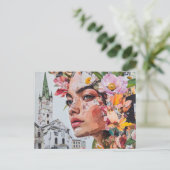 都市のコラージュに花とカエルと鳥の女性 ポストカード (スタンド正面)