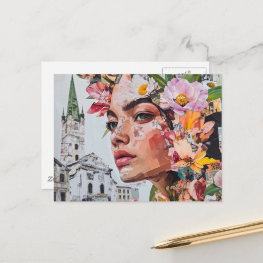 都市のコラージュに花とカエルと鳥の女性 ポストカード (正面/裏面インサイチュ)