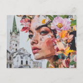 都市のコラージュに花とカエルと鳥の女性 ポストカード (正面)