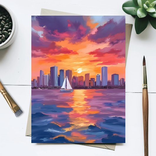 都市のスカイライン・夕焼けの反射 水彩画 ポストカード