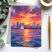 都市のスカイライン・夕焼けの反射 水彩画 ポストカード