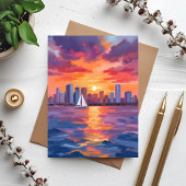 都市のスカイライン・夕焼けの反射 水彩画 ポストカード