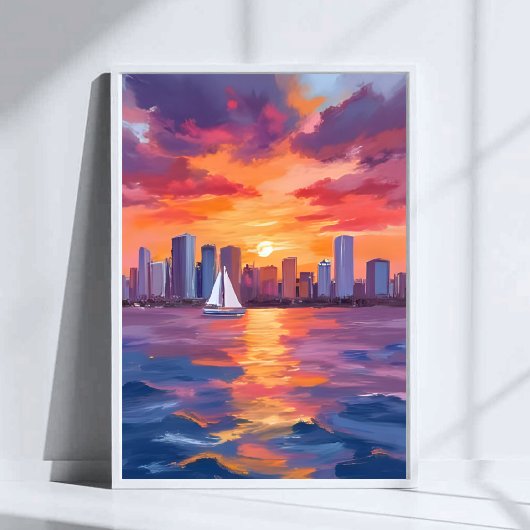 都市のスカイライン・夕焼け・水彩画 ポスター