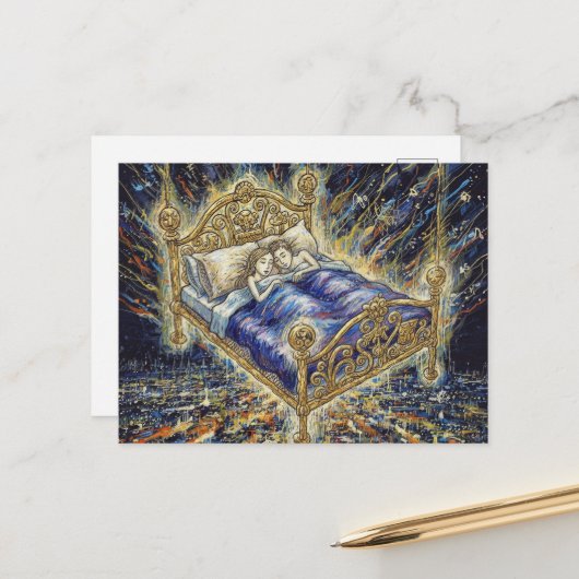 都市の幻想的な眠るカップルの魔法のベッド ポストカード (正面/裏面インサイチュ)